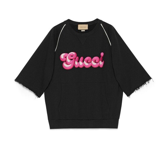 NWT GUCCI Cotton Sweatshirt Top With Patch In Black Sz L Pink - Picture 1 of 8